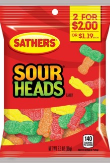 SATHERS 2/$2 SOUR HEADS 3.5OZ